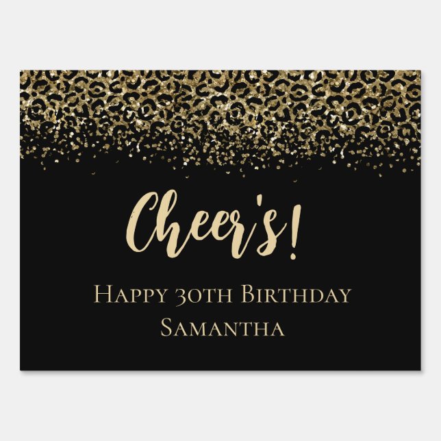 Black Gold Leopard Print Glitter Birthday Yard Sign (Front)