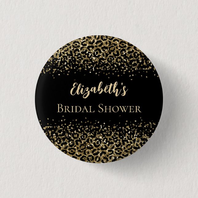 Black Gold Leopard Print Glitter Bridal Shower Button (Front)