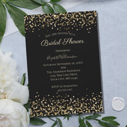 Black Gold Leopard Print Glitter Bridal Shower Invitation