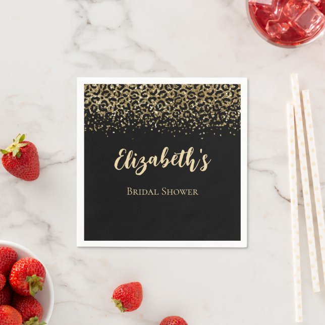 Black Gold Leopard Print Glitter Bridal Shower Napkins (Insitu)