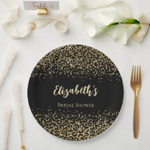 Black Gold Leopard Print Glitter Bridal Shower Paper Plates