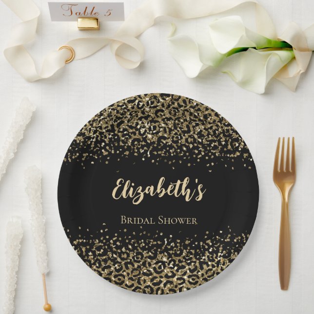 Black Gold Leopard Print Glitter Bridal Shower Paper Plates (Wedding)