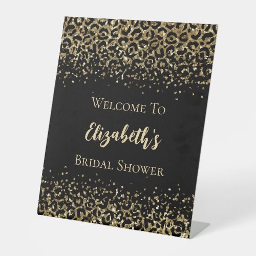 Black Gold Leopard Print Glitter Bridal Shower Pedestal Sign