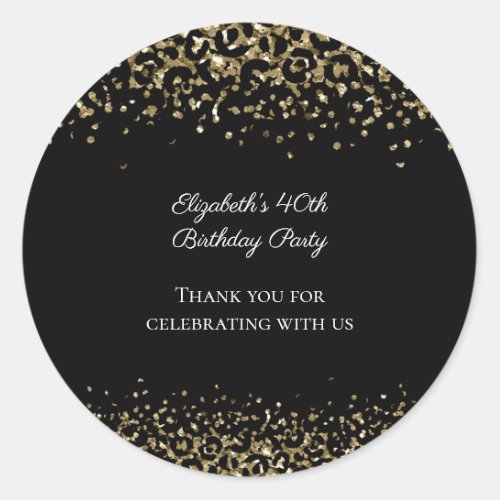 Black Gold Leopard Print Glitter Overlay Birthday  Classic Round Sticker