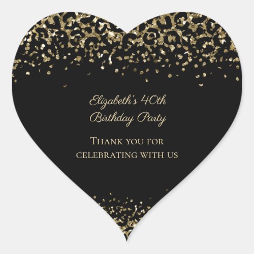 Black Gold Leopard Print Glitter Overlay Birthday Heart Sticker