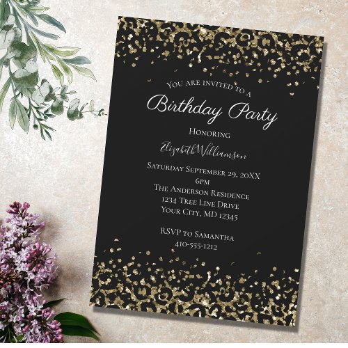 Black Gold Leopard Print Glitter Overlay Birthday Invitation