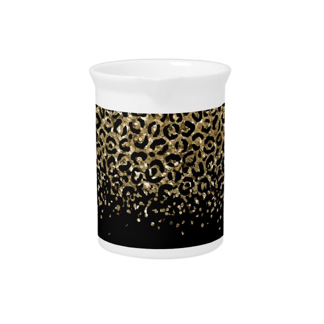 Black Gold Leopard Print Glitter Overlay Trendy Beverage Pitcher (Front)