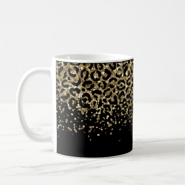 Black Gold Leopard Print Glitter Overlay Trendy Coffee Mug (Left)