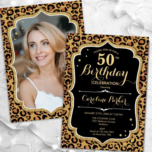 Black Gold Leopard Print Photo 50th Birthday Invitation