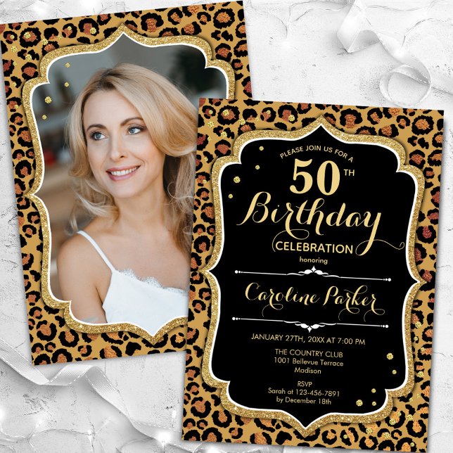 Black Gold Leopard Print Photo 50th Birthday Invitation (Creator Uploaded)