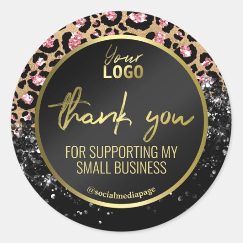 Black Gold Leopard Print Thank You Business Logo Classic Round Sticker