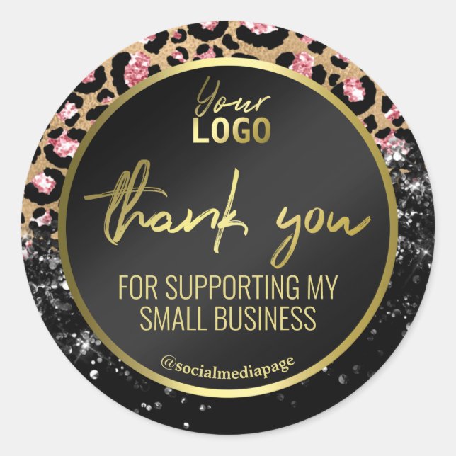 Black Gold Leopard Print Thank You Business Logo Classic Round Sticker (Front)