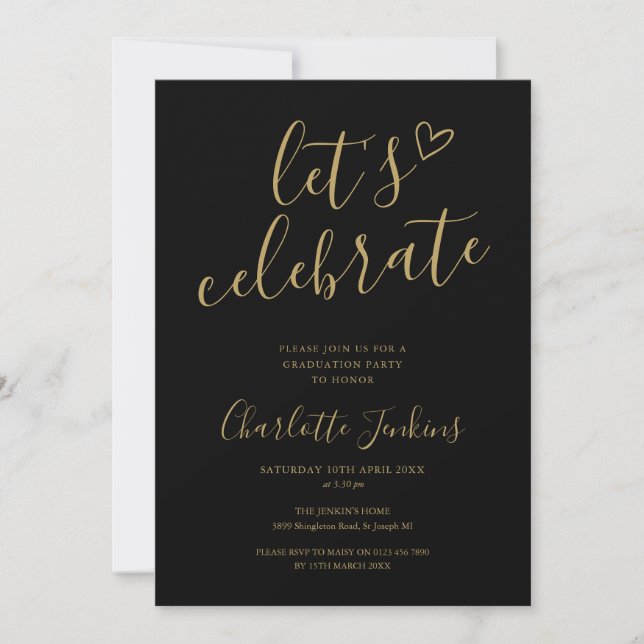 Black Gold Let's Celebrate Script Graduation Party Invitation (Front)