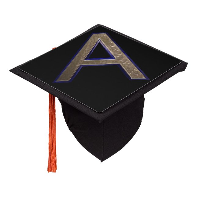 Black & Gold Letter A Monogram Initial Graduation Cap Topper (Angled)