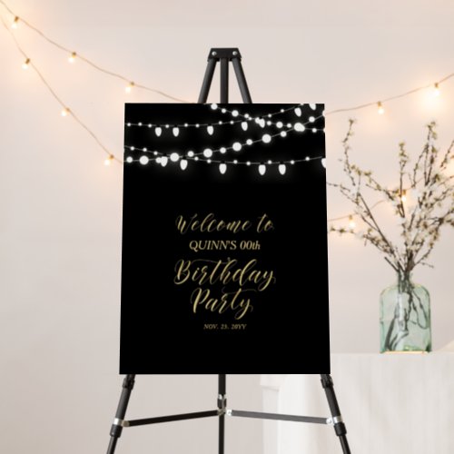 Black  Gold Lights Birthday Party Welcome Sign