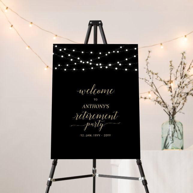 Black & Gold | Lights Retirement Party Welcome Foam Board (In Situ (Stand))
