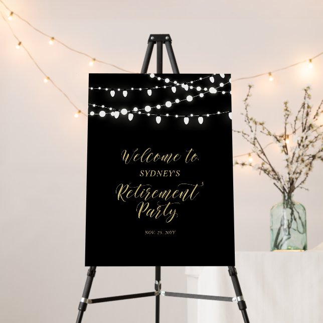 Black & Gold Lights Retirement Party Welcome Sign (In Situ (Stand))