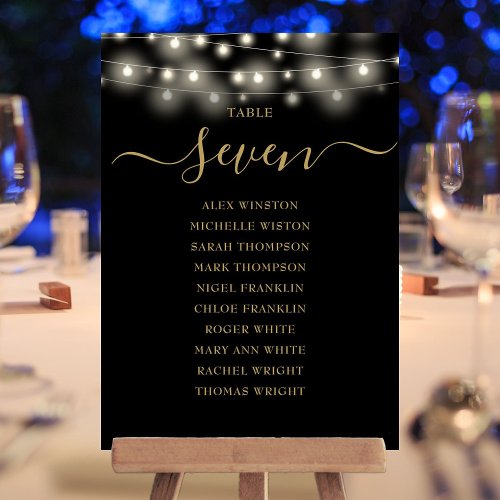 Black Gold Lights Table Number Seating Chart
