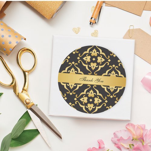 Black Gold Lily Floral Pattern Thank You Classic Round Sticker