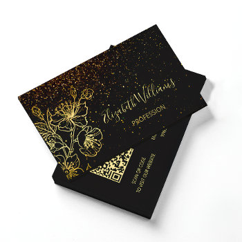 Black Gold Line Art Floral Glitter | Qr Code Business Card by SparklingSakura at Zazzle