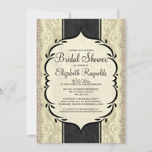 Black Gold Linen Burlap Lace Bridal Shower Invites
