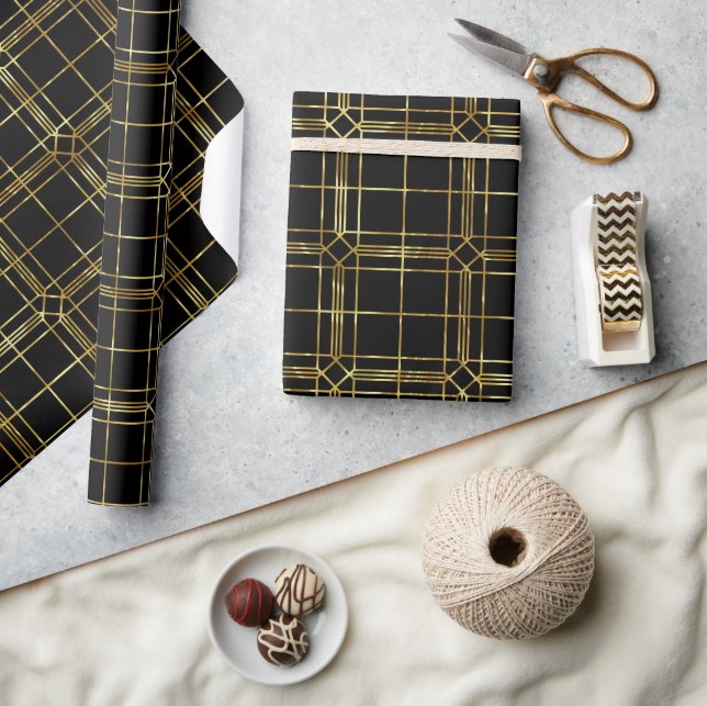 Black & gold lines geometric pattern wrapping paper (Crafts)
