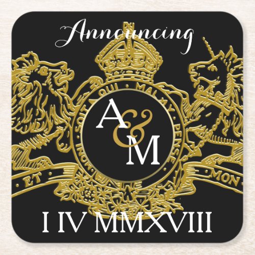 Black Gold Lion Unicorn Regal Emblem Save The Date Square Paper Coaster