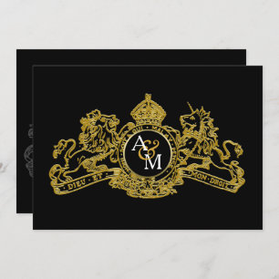 Black Gold Lion Unicorn Regal Emblem Wedding Invitation