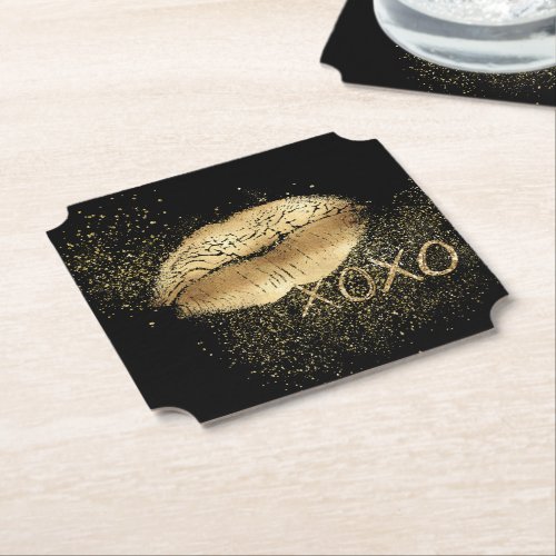 Black Gold Lips Kiss Gold Glitter XOXO Paper Coaster