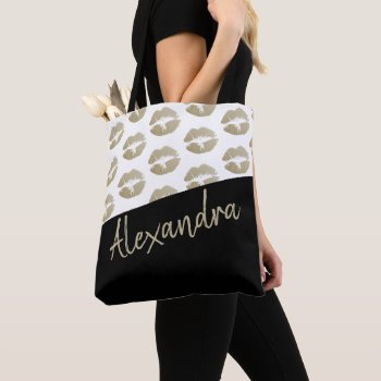 Black Gold Lips Kiss Pattern Modern Personalized Tote Bag by Ricaso_Graphics at Zazzle