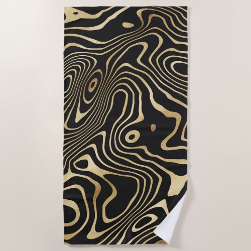 Black Gold liquid swirl Abstract Design Beach Towel
