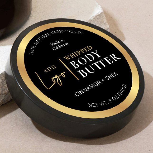 Black & Gold Logo Body Butter Jar Round Label (Elegant black and faux gold logo round product labels - great for jars & tins)