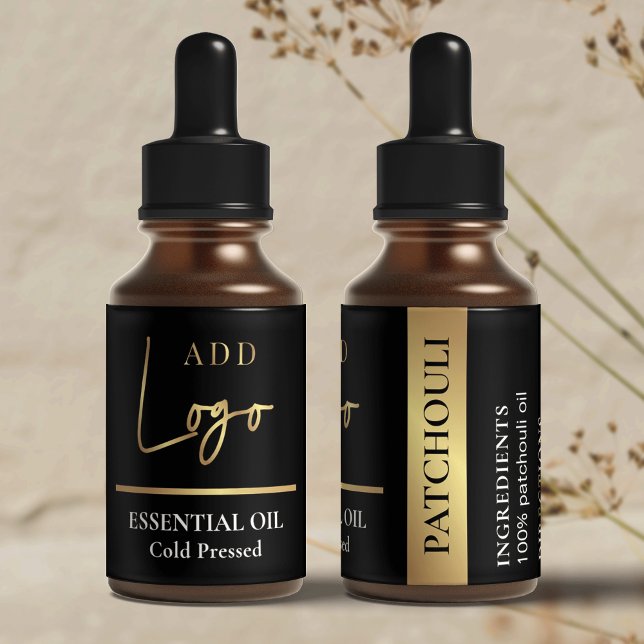 Black & Gold Logo Cosmetic Essential Oil Bottle Label (Black and gold essential oil dropper bottle labels that are sure to impress)