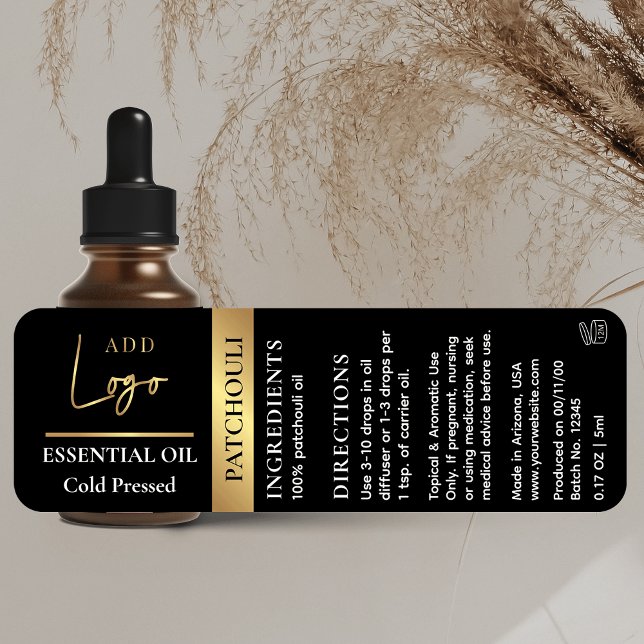 Black & Gold Logo Essential Oil Bottle Waterproof Labels (These labels can be used for small dropper bottles but please verify size to ensure a good fit)