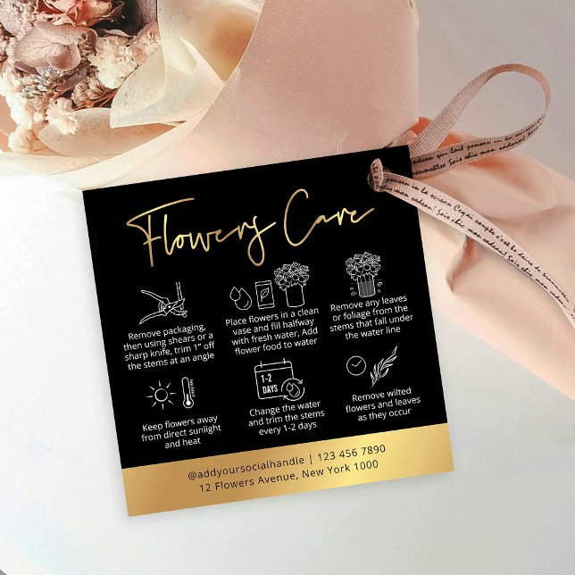 Black & Gold Logo Flowers Care Guide Hang Tag (Elegant black and gold flowers care instructions hang tag design with care icons and your logo)