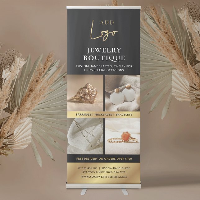 Black & Gold Logo Jewelry Boutique 4 Photos Promo Retractable Banner (Black and gold photo collage promotional banner for your jewelry boutique or shop)