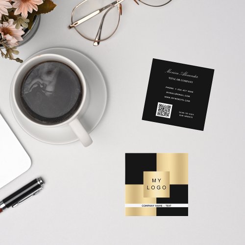 Black gold logo modern elegant QR code Square Business Card