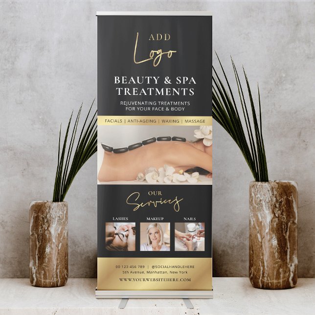 Black & Gold Logo Photo Collage Spa Salon Services Retractable Banner (Black and gold photo collage beauty business or spa marketing pull up sign)