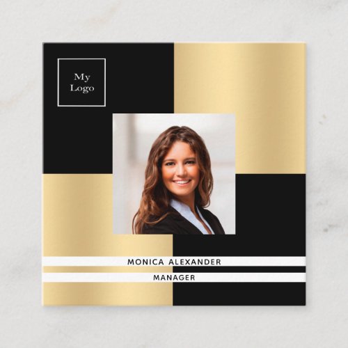 Black gold logo photo QR code  Square Business Card