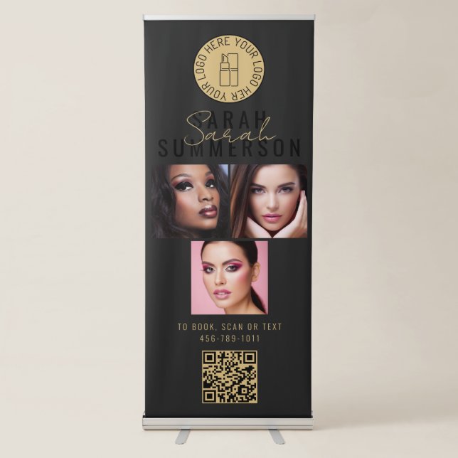 Black Gold Logo QR Code 3 Photo Makeup Studio Retractable Banner (Front)