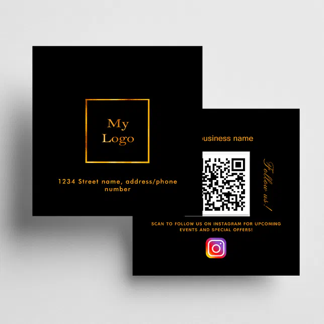 Black gold logo QR code Instagram follow us Square Business Card | Zazzle