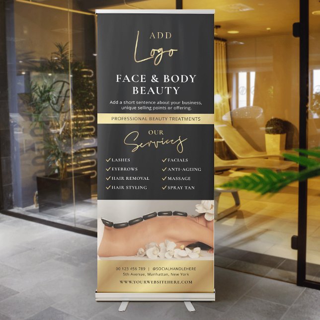 Black & Gold Logo Spa Salon Services Promotional Retractable Banner (Elegant black and gold business marketing banner with space for your logo and one large image)