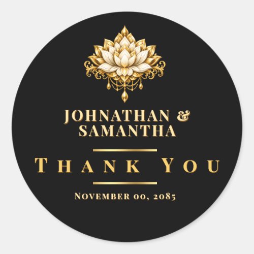 Black Gold Lotus Flower Indian Thank You Classic Round Sticker
