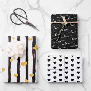 Black & Gold Love Hearts Valentines Wrapping Paper Sheets