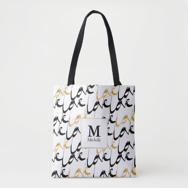 Black & Gold Love Monogram Tote Bag (Front)