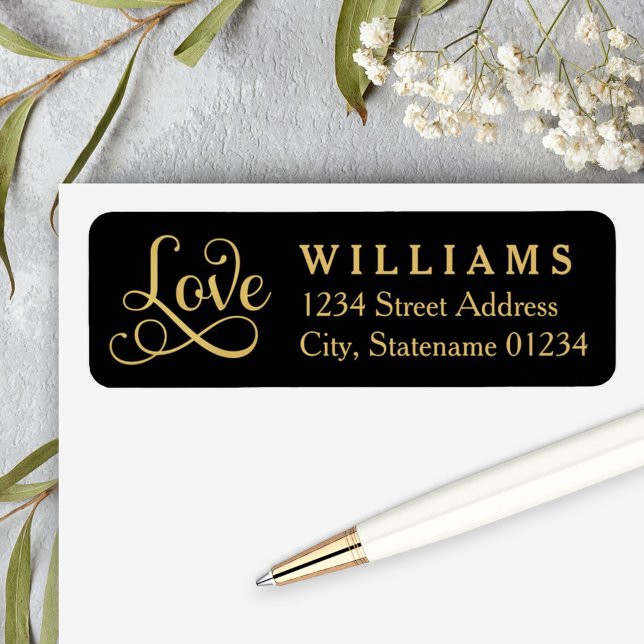 Black Gold Love Script Wedding Address Label (Creator Uploaded)