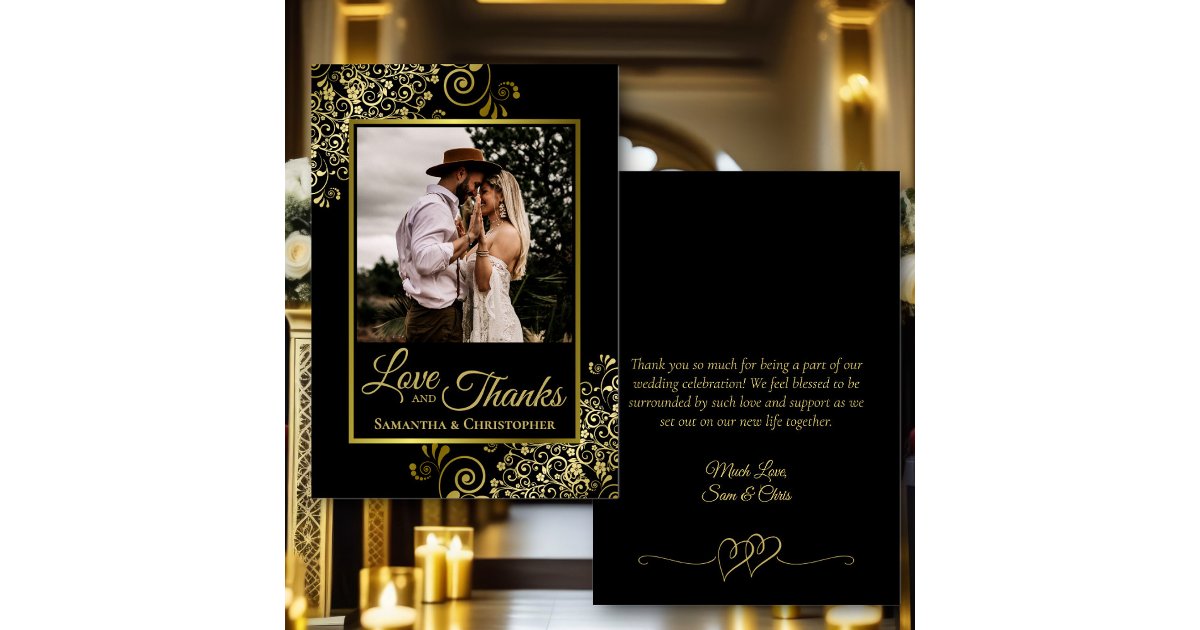 Black & Gold Love & Thanks Photo & Note Wedding Thank You Card | Zazzle