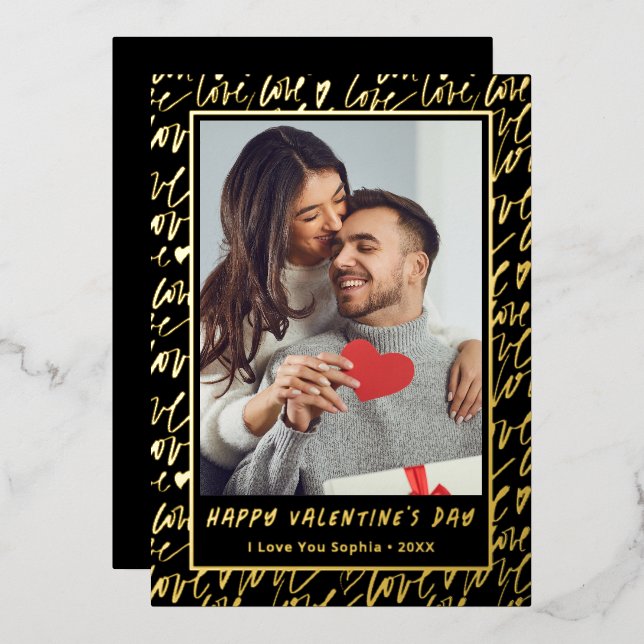 Black & Gold Love Valentines Day Photo Foil Holiday Card (Front/Back)