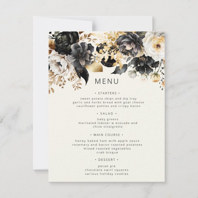 Black Gold Luxe Floral Wedding Menu Card (Front)