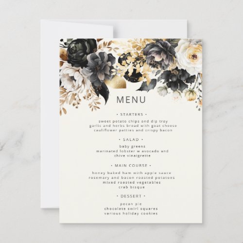 Black Gold Luxe Floral Wedding Menu Card